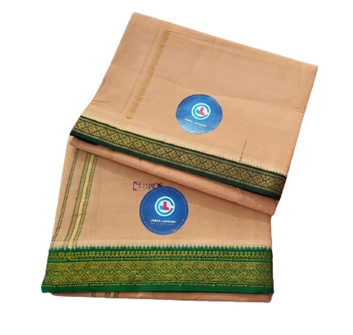 Jinka Lakshmi Collections 100% Handloom Biege Color Cotton Dhoti With Zari Border Up and Down 4 Meters Unstitched Pack of 2 (Multicolor-02)