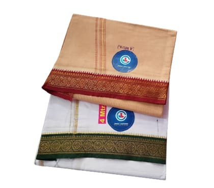 Jinka Lakshmi Collections 100% Handloom Cotton Dhoti With Big Borders 4 Meters Unstitched Pack of 2 (Multicolor-4)