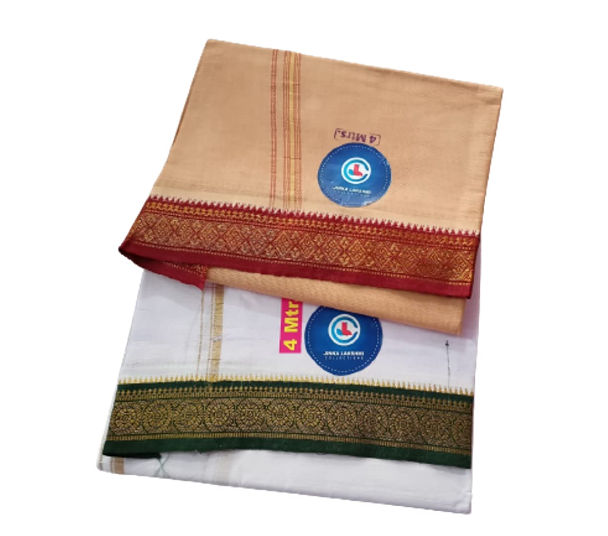 Jinka Lakshmi Collections 100% Handloom Cotton Dhoti With Big Borders 4 Meters Unstitched Pack of 2 (Multicolor-4)