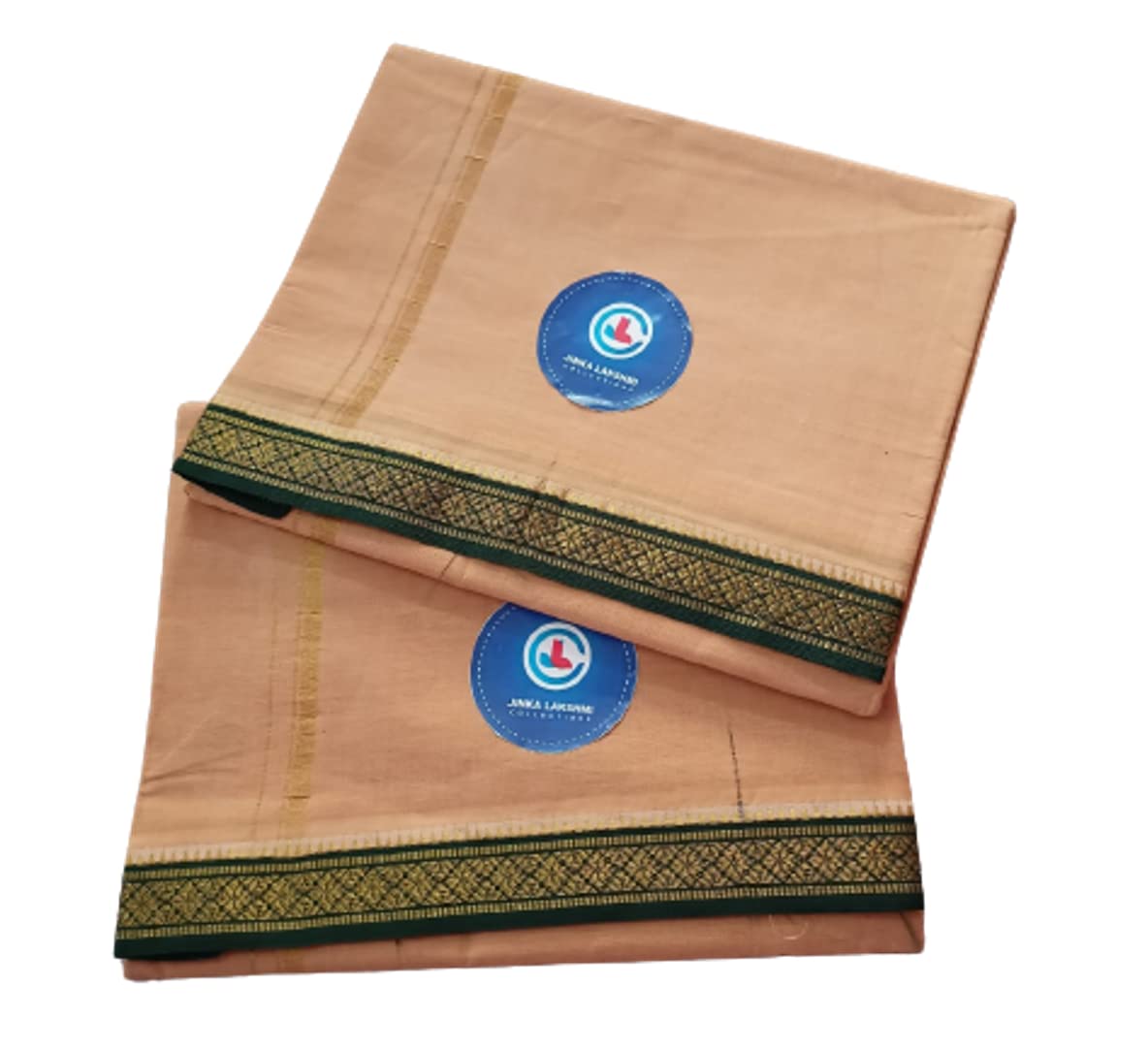 Jinka Lakshmi Collections 100% Handloom Biege Color Cotton Dhoti With Zari Border Up and Down 4 Meters Unstitched Pack of 2 (Multicolor-01)