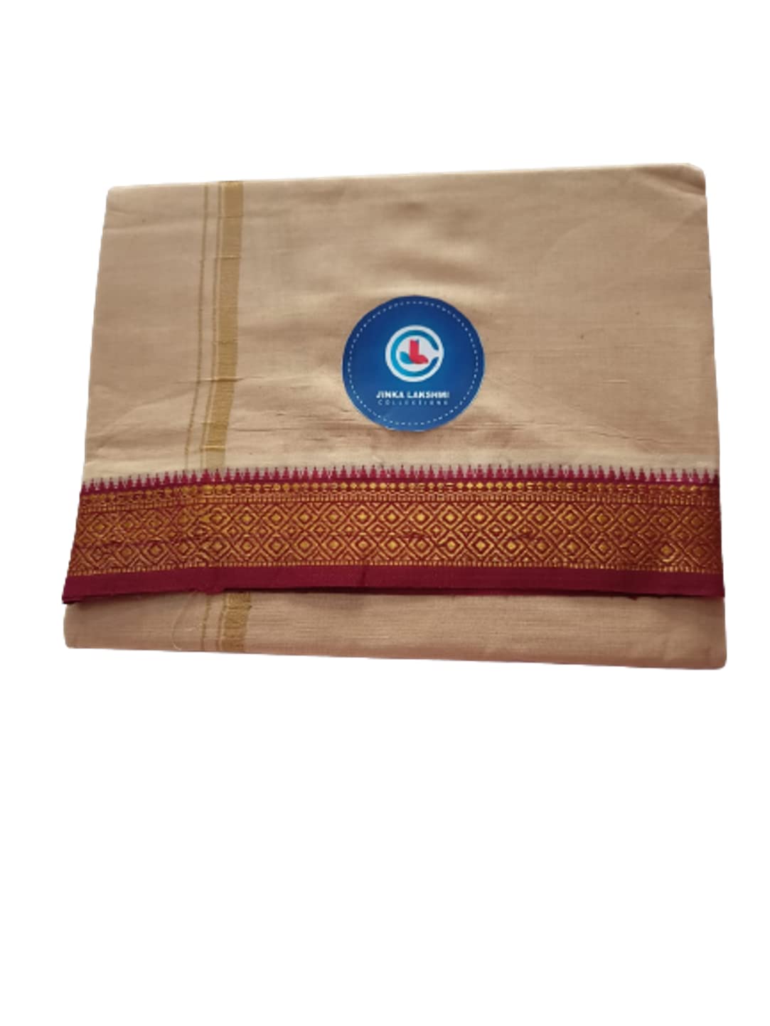 JINKA LAKSHMI COLLECTIONS 100% Pure Cotton Biege Color Dhoti With Zari 4 Meters Unstitched Pack of 1 (Maroon Border)