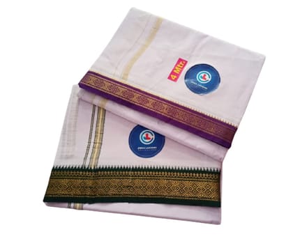 Jinka Lakshmi Collections Combo White Cotton Dhoti With Big Borders 4 Meters Unstitched Pack of 2 (Multicolor-8)