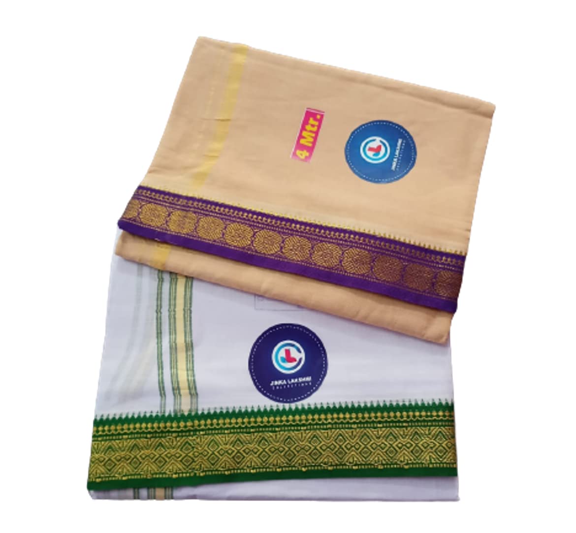 Jinka Lakshmi Collections 100% Handloom Cotton Dhoti With Big Borders Up and Down 4 Meters Unstitched Pack of 2 (Multicolor-5)