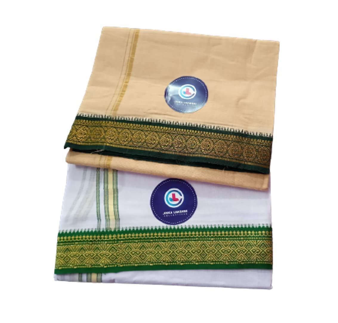 Jinka Lakshmi Collections 100% Handloom Cotton Dhoti With Big Borders Up and Down 4 Meters Unstitched Pack of 2 (Multicolor-1)