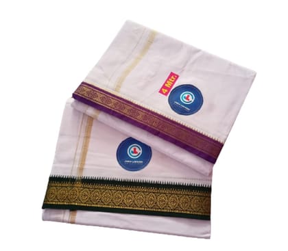 Jinka Lakshmi Collections Combo White Cotton Dhoti With Big Borders 4 Meters Unstitched Pack of 2 (Multicolor-8)
