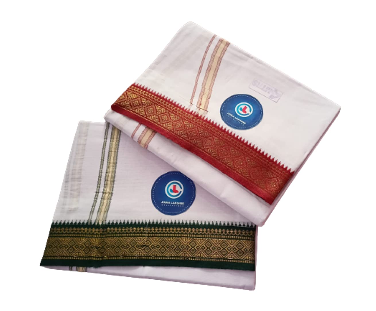 Jinka Lakshmi Collections Handloom White Cotton Dhoti With Big Borders 4 Meters Unstitched Pack of 2 (Multicolor-2)