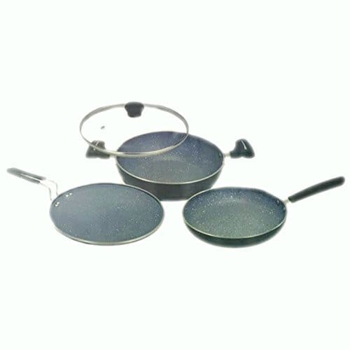 abhinandan's 4 pc Induction Base nonstick Granite Coated cookware Set Including 1 dosa tava, 1 frypan, 1 kadai, 1 Glass lid