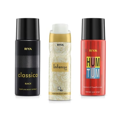 Riya Classico And Intense Gold And Hum Tum Body Spray Deodorant For Unisex Pack Of 3