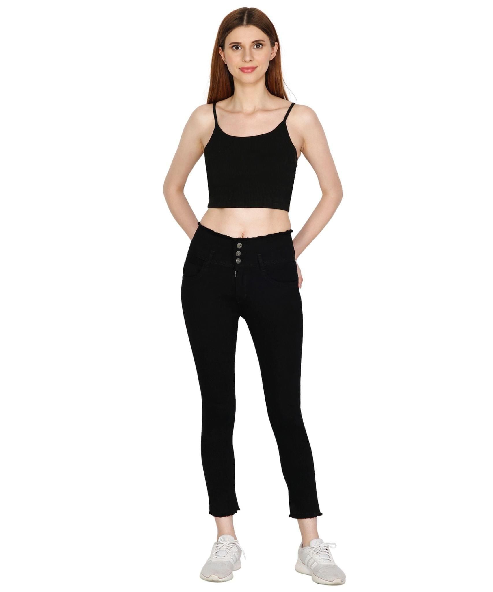 Black Broadbelt Skinny Ankle Frayed Hem Jeans-1088