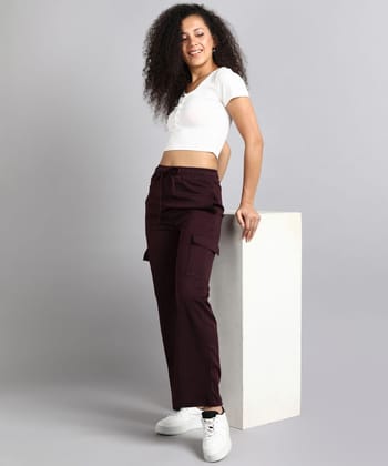 Glossia Fashion Maroon Casual Flared Parallel Cargo Trousers for Women - 82699