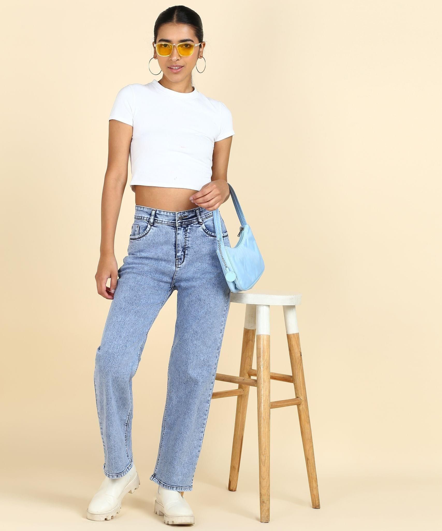 Ice Blue Stonewash High Rise Straight Fit Boyfriend Jeans- 1205