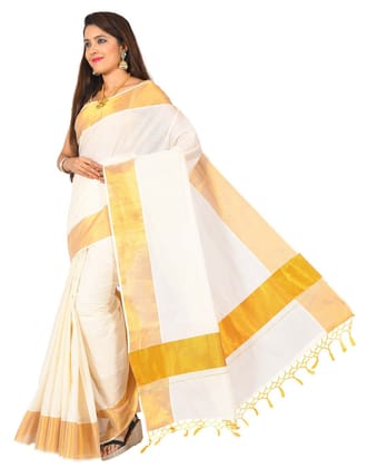 kerala Kasavu Zari Border Saree with Fringes