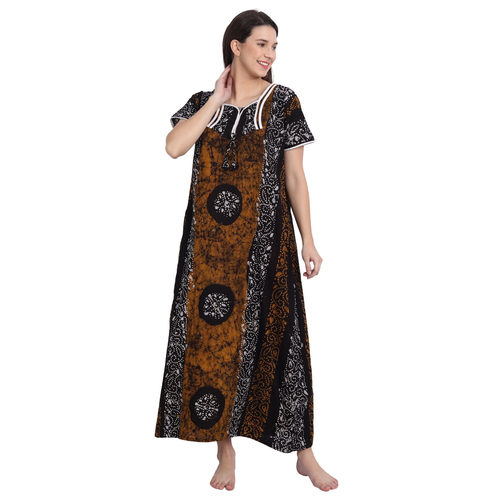 Cotton Batik Printed Maxi Nighty, Mustard