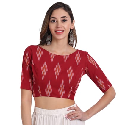 Ikkat Cotton Back Open Blouse ,Red