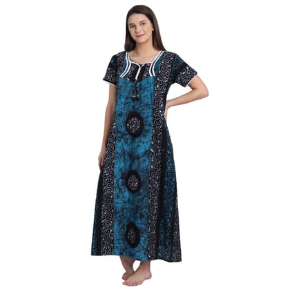 Cotton Batik Printed Maxi Nighty, Blue