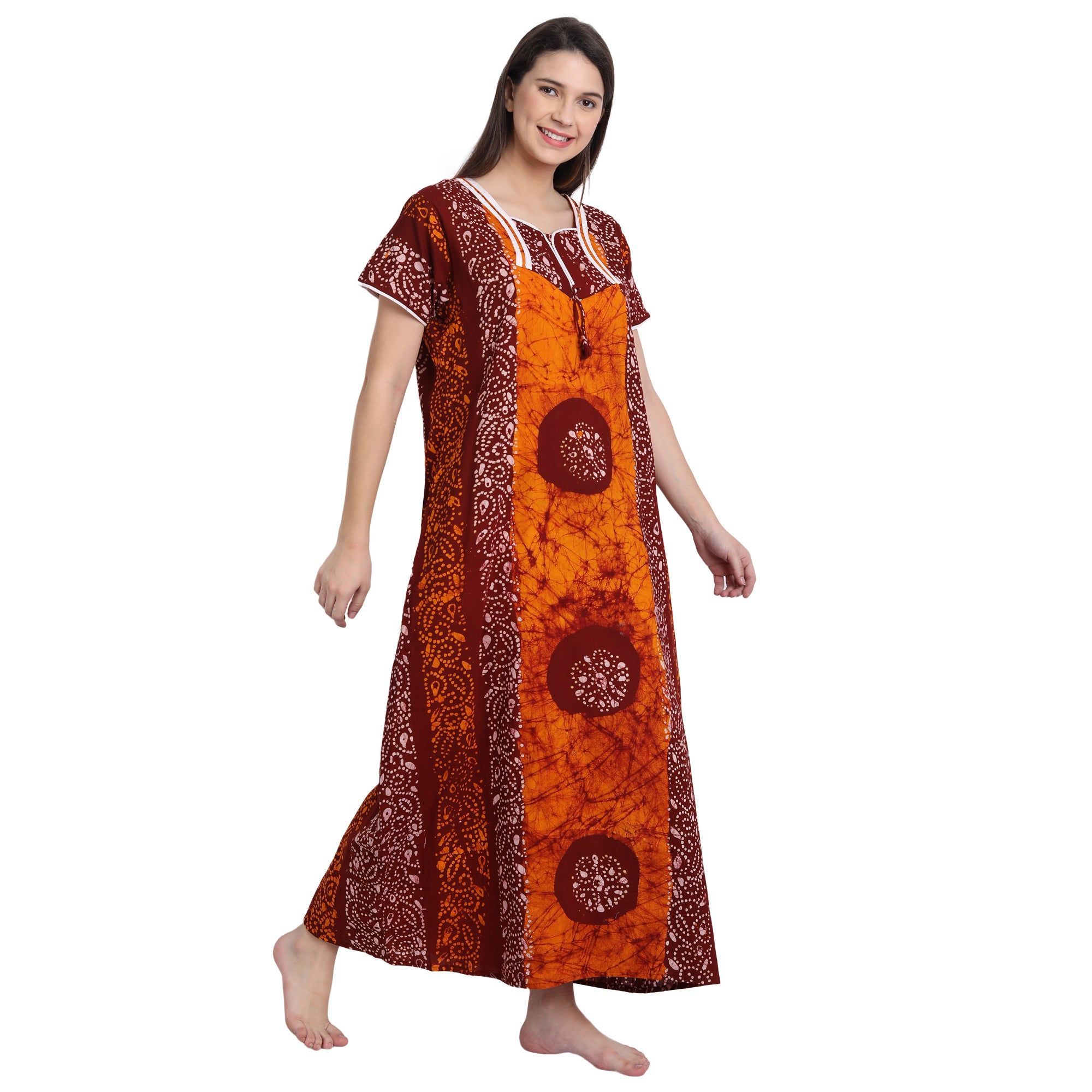 Cotton Batik Printed Maxi Nighty Orange