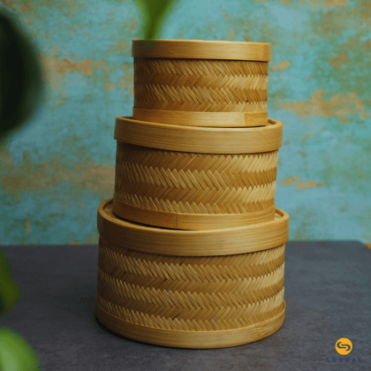 Coshal Art | Bamboo Natural Hand Made | Round Box Set | Beige | Pack of 3 Boxes | C02HD04004