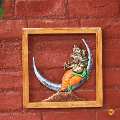 Lord Ganesha On Moon Wall Frame | Wrought Iron Decor | WD4