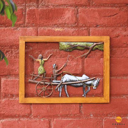 Farming Couple On Bullock Cart Wall Frame | Wrought Iron Decor | WD5