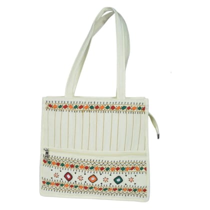 Banjara Handmade Shoulder Bag | Tote Bag With Thread & Beads and Mirror Work White Color