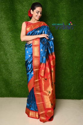 Pure Silk Handloom Maharani Paithani - Handloom Turquoise blue Paithani with Bright Red Border and Traditional Maharani Pallu