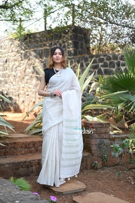 Rang~Pure Linen Saree With Sleek Border and Exclusive Design~ White