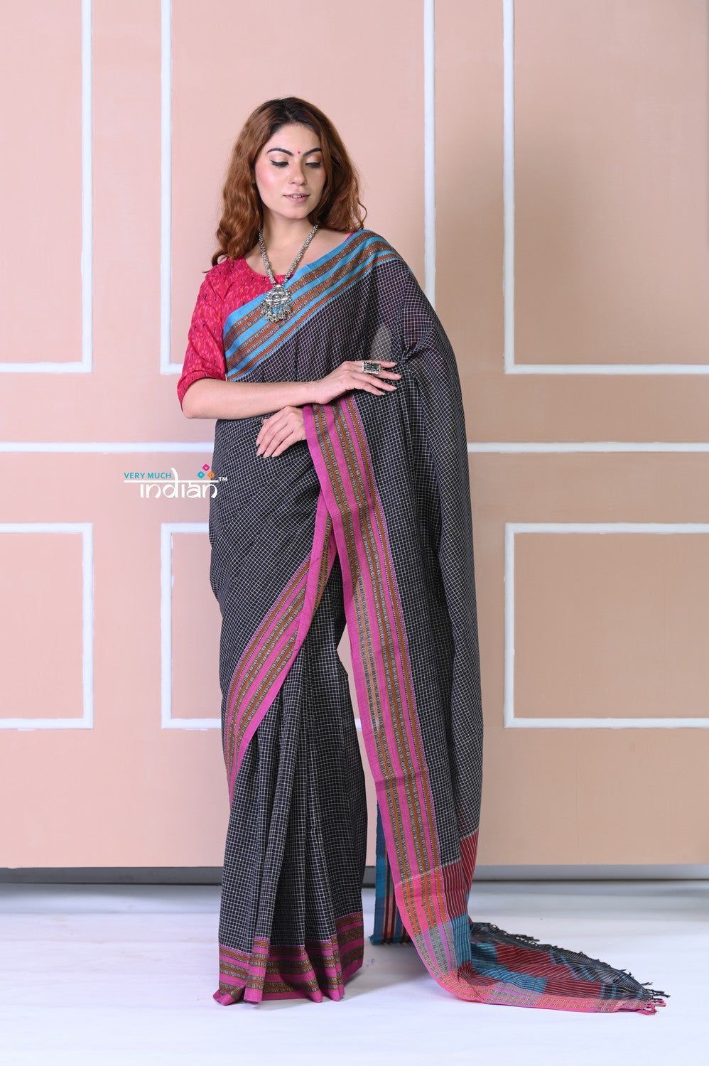 Traditional Patteda Anchu Ilkal Handloom Saree~ Black With Blue And Pink Border