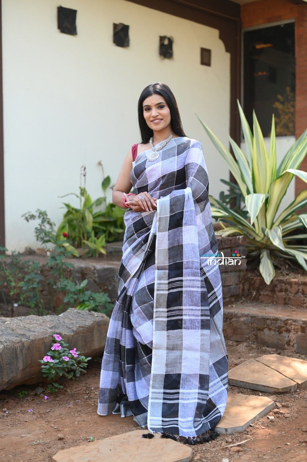 Checked Black & White Kanjeevaram Silk Saree with Black Border - Tulsi  Weaves