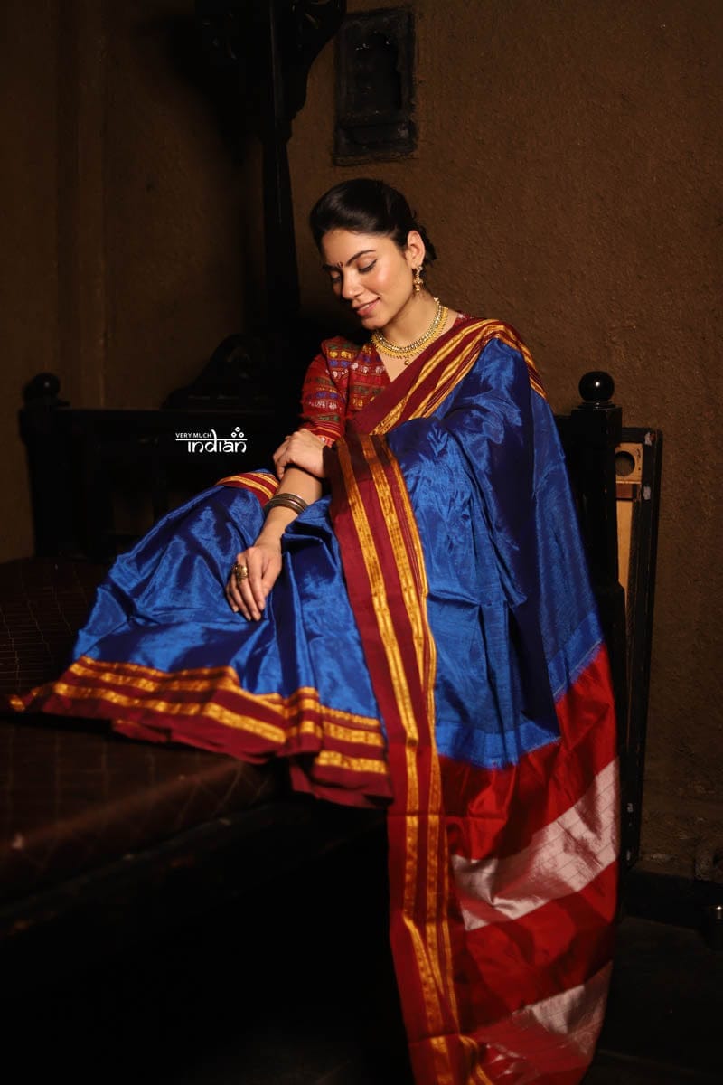 Handloom Pure Kanchi Silk Sarees - Green with Royal Blue – Looms Legacy