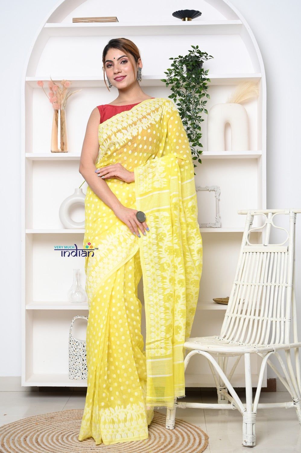 PREMIUM! Lime Yellow Jamdhani Cotton Saree With Beautiful Pallu*