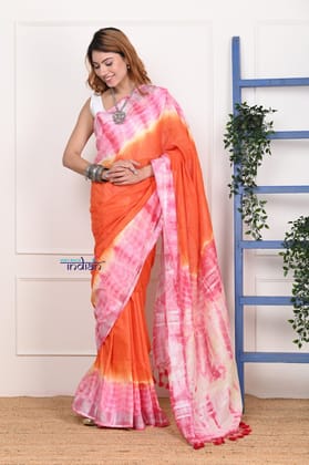 EXCLUSIVE! Handmade Tie and Dye Cotton Orange Lehriya Saree By Women Weavers