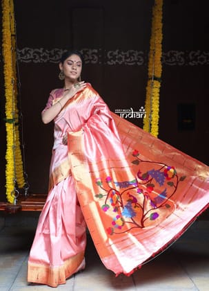 Rajsi~ Pure Silk Handloom - Muniya Border in Pastel Peach with Rich Coral Border (high quality silk)