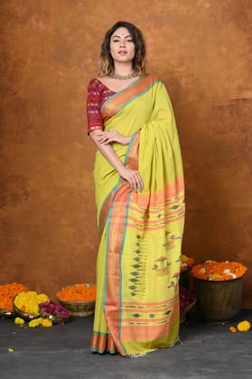 Handloom Pure Cotton Jijamata Paithani Saree With Traditional Double Pallu