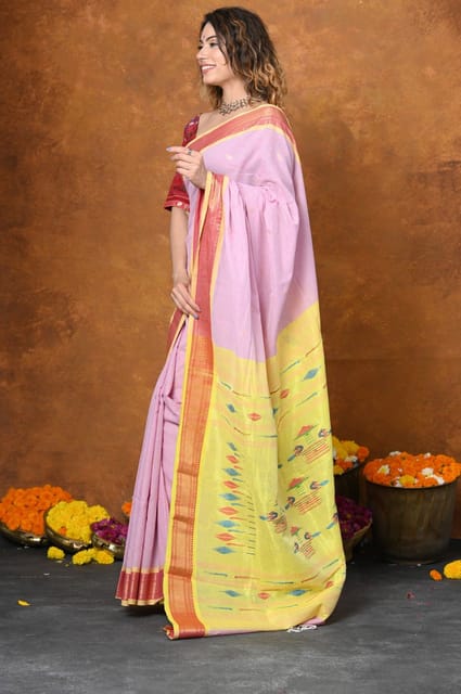 Bright Yellow Cotton Paithani Saree | Hand-Woven Indian Saree