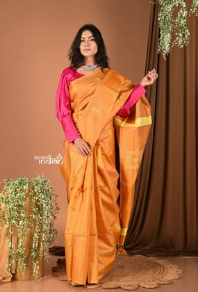 Handloom and Charkha Woven Pure Dupion Silk by Govt certified Weavers - Khaddi Orange