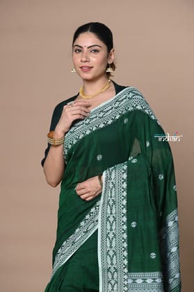 Rajsi ~ Handloom Pure Cotton Saree with Hand-embroidered Symmetric Border~ Green