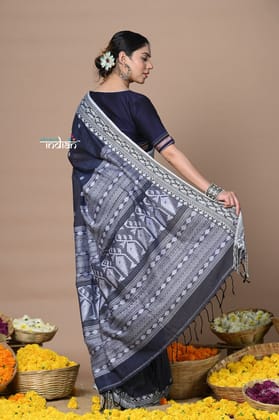 Rajsi ~ Handloom Pure Cotton Saree with Hand-embroidered Symmetric Border~ blue