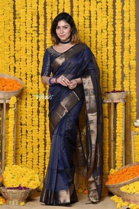 Rajsi~Handloom Ari Checks Cotton Silk Saree with Golden Border indigo blue