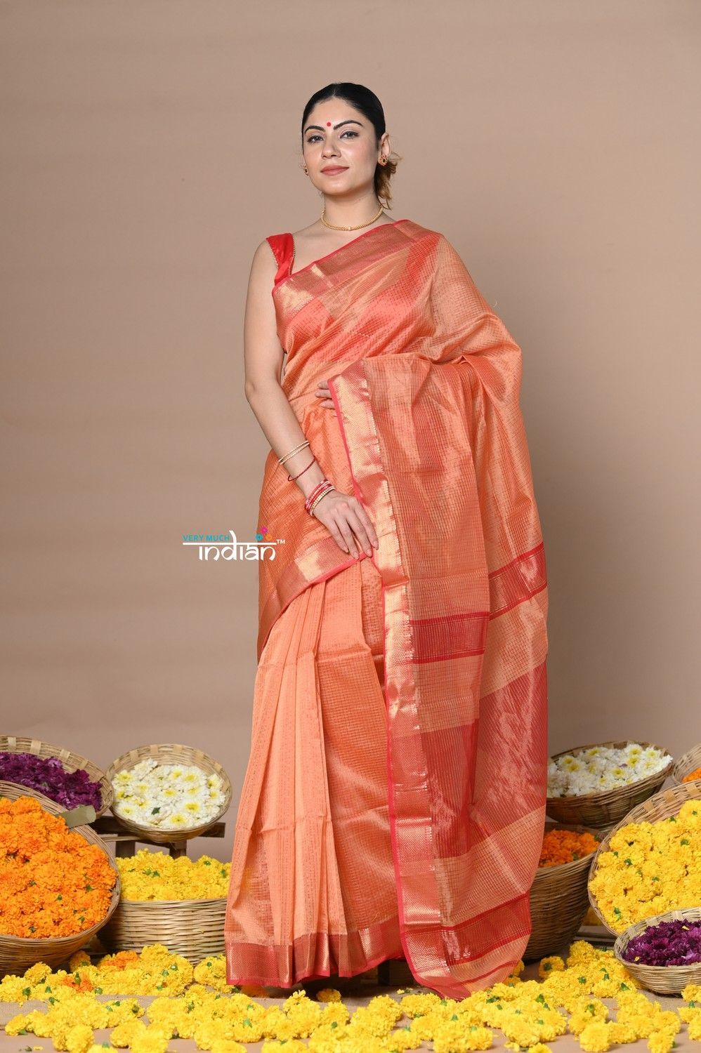 Rajsi~Handloom Ari Checks Cotton Silk Saree with Golden Border orange