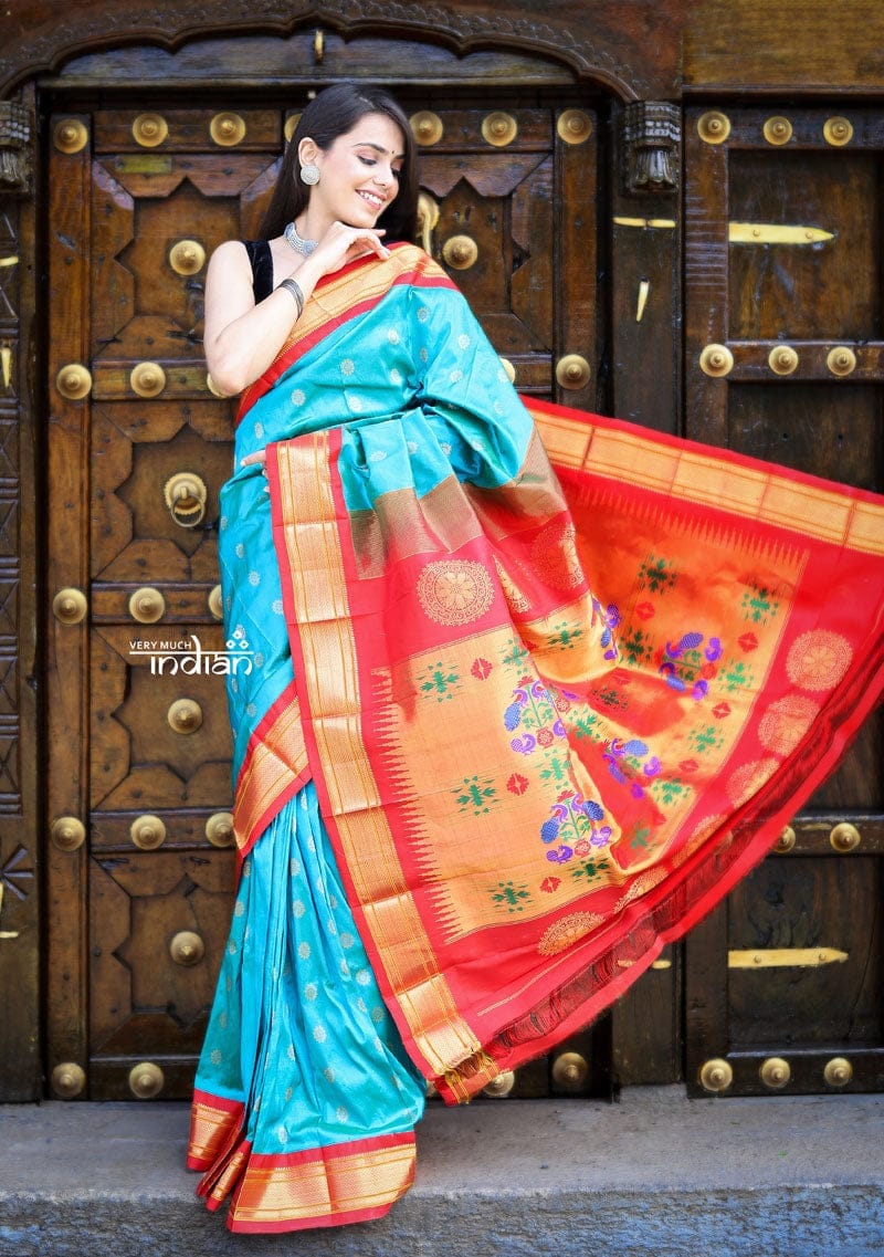 Utsaav ~ Authentic Handloom Pure Silk Maharani Paithani - Turquoise Blue with Red Border, Buttis all over the saree