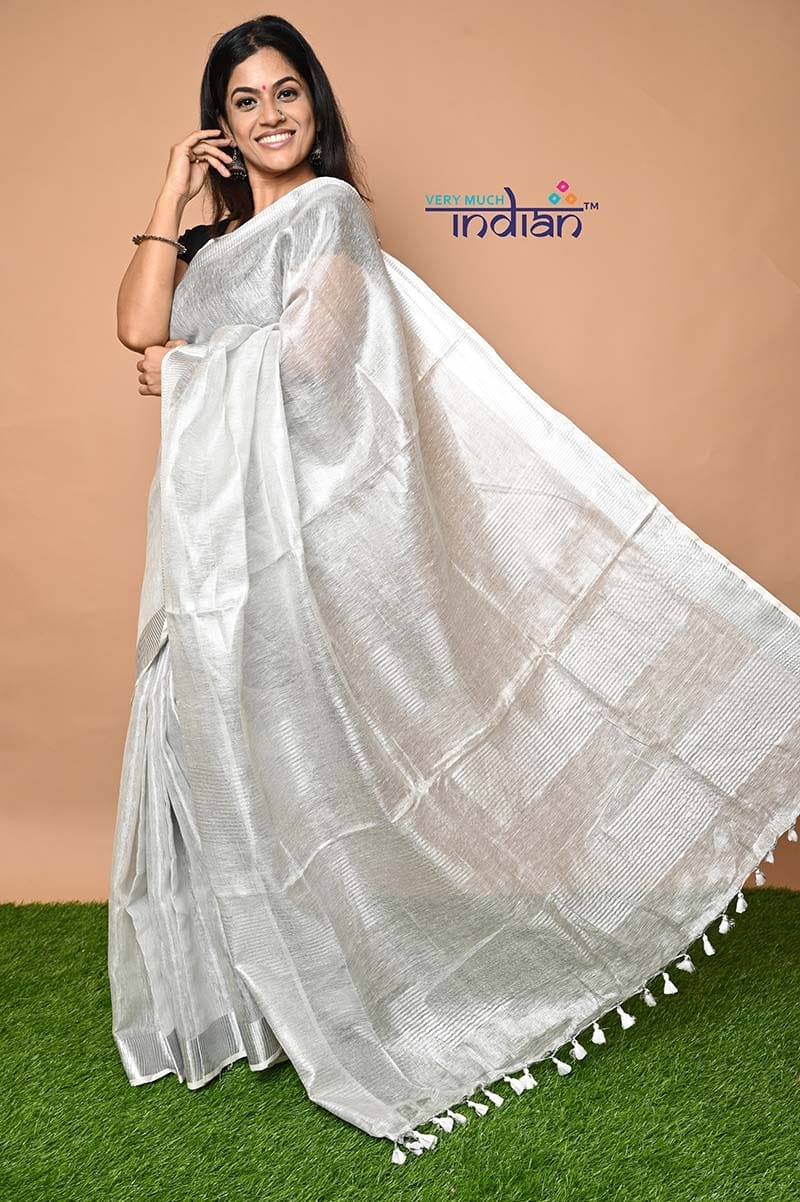 Sky Blue Shade Handwoven Linen Saree | Silver Zari Border | KIHUMS Sar –  kihums clothing