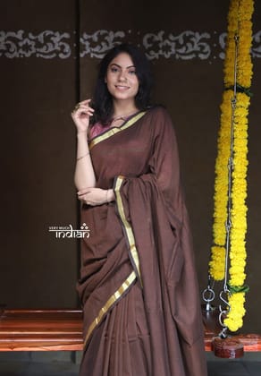 Pure Cotton Handloom Sarees with Intricate Borders~ brown