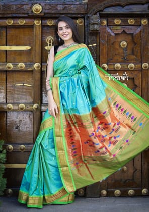 Traditional Pure Silk Handloom Paithani ~ Dual Tone Blue Green With Fresh Green Border