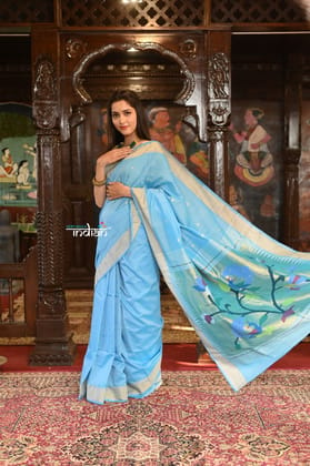 Authentic Handloom Pure Cotton Paithani With Handcrafted Peacock Pallu~ Sky Blue