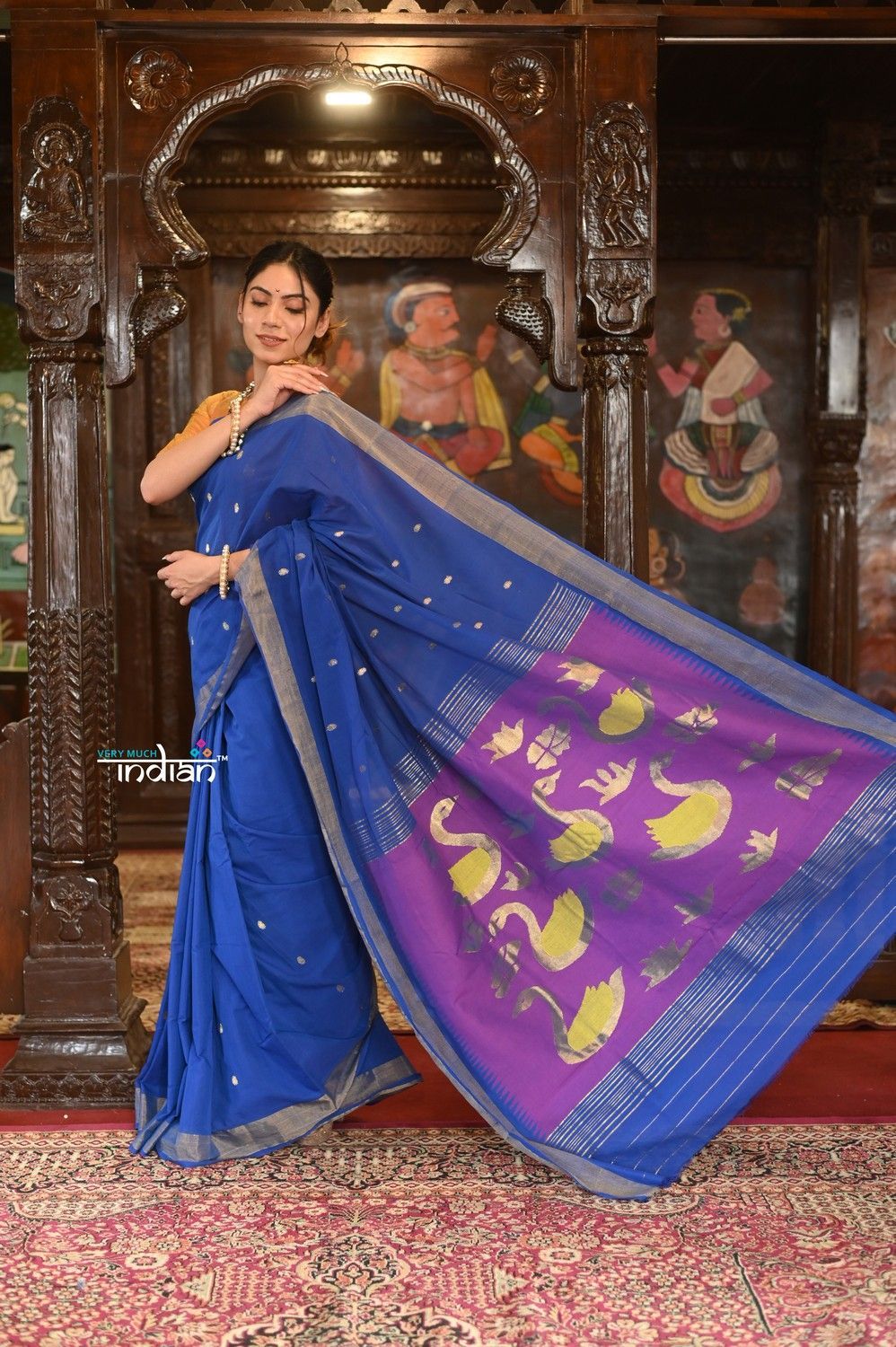 Authentic Handloom Pure Cotton Paithani with Handcrafted Peacock Pallu~ Dual tone Blue Pink