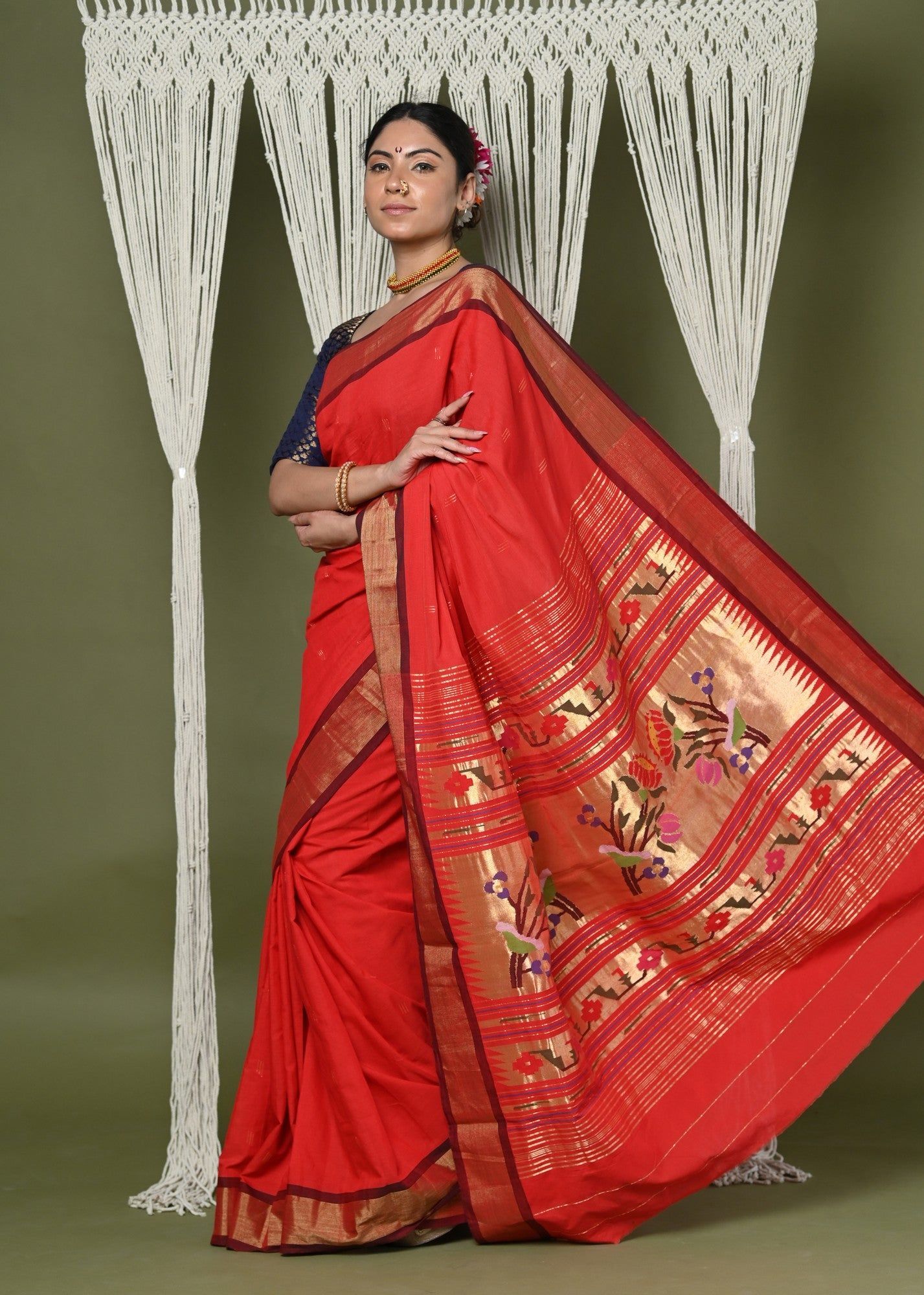 EXCLUSIVE! Handloom Pure Cotton Paithani With Asawali Pallu~ Bright Red