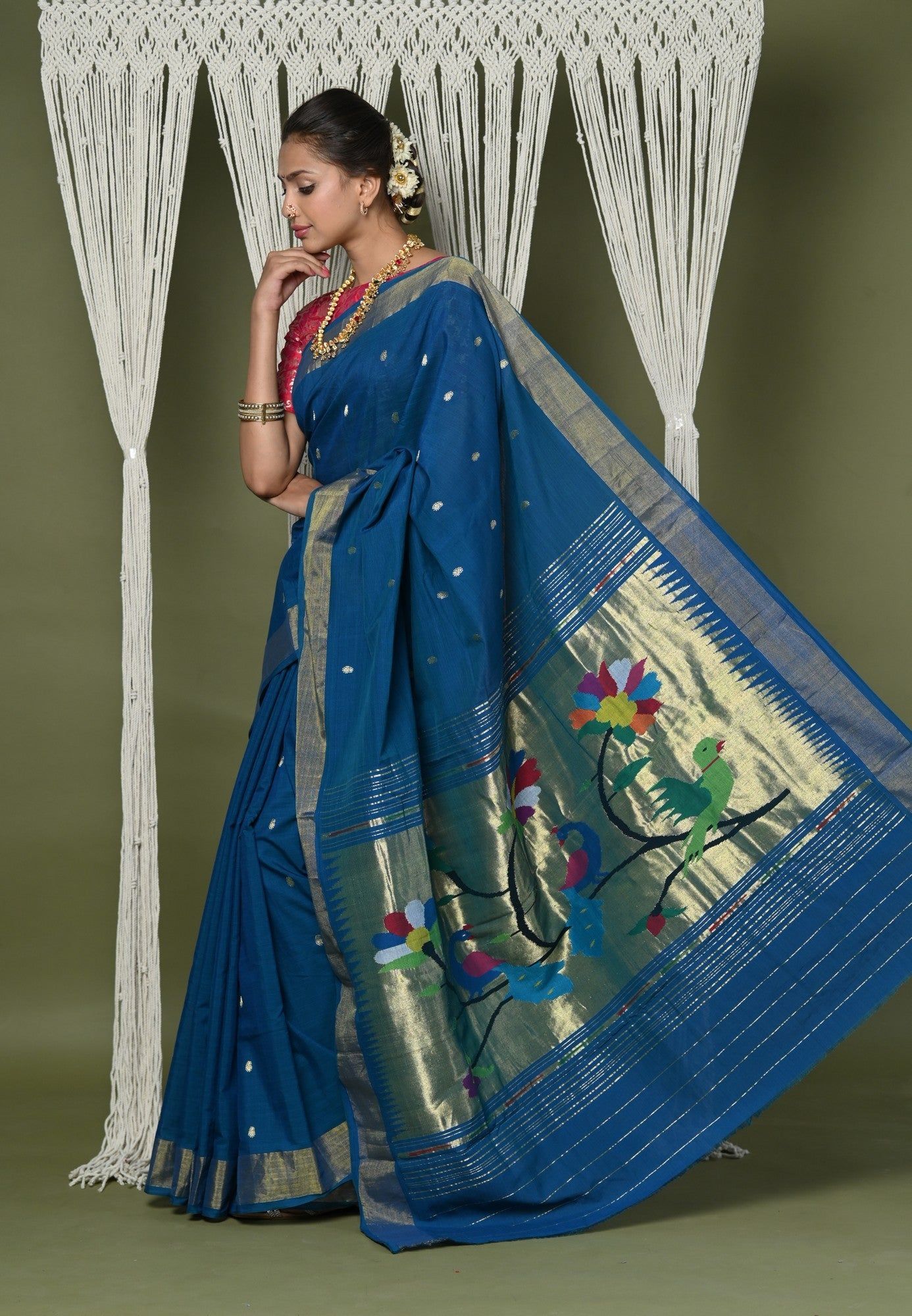 EXCLUSIVE! Handloom Pure Cotton Paithani With Peacock Pallu~Teal Blue