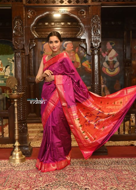 Magenta Handloom Paithani Meenakari Katan Silk Banarasi Saree Design by  Sacred Weaves at Pernia's Pop Up Shop 2024