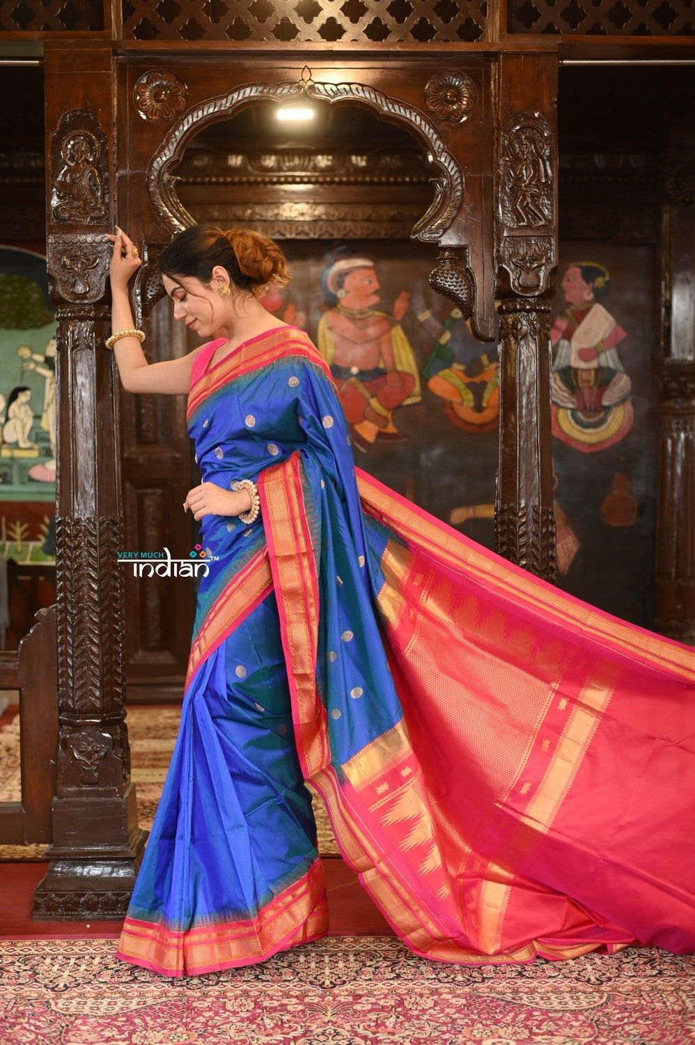EXCLUSIVE!  Handloom Ilkal Pure Silk with Silk Mark in Beautiful Contrast Pallu ~ Marine Blue and Pink