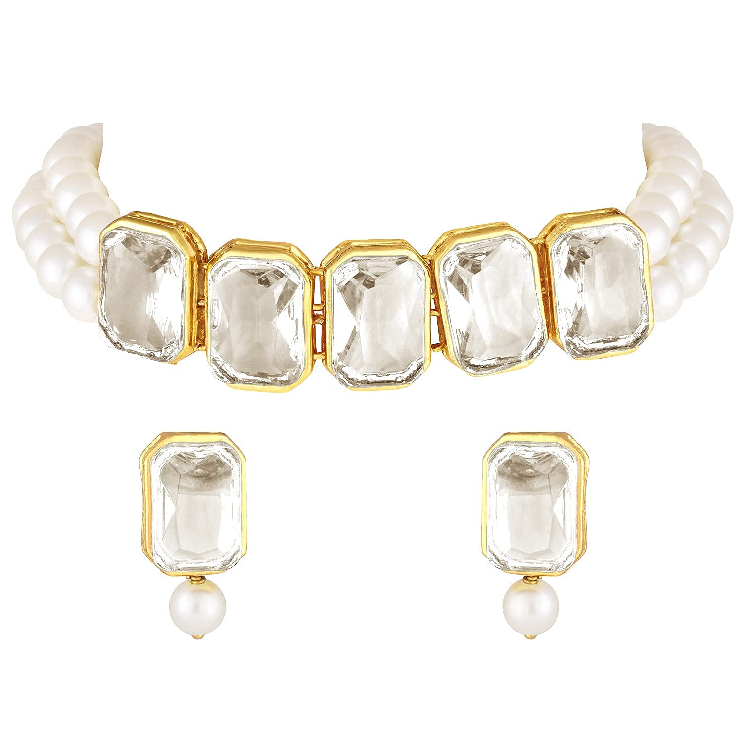 Gold Plated Traditional Crystal Stone Pearl Studded Choker Necklace Jewellery Set for Women
